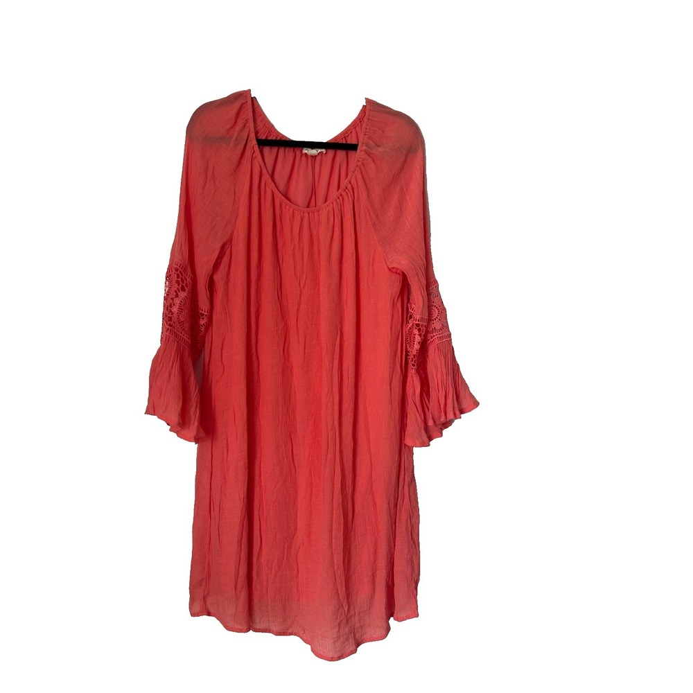 Indigo Rose Peasant Tunic Dress 3X Coral Bell Sleeve Crinkle Gauze Lace Inset